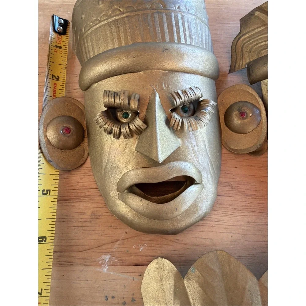 3 VNTG Mexican Tin Metal Masks Beaded Eyes Folk Art Primitive Style Tribal 6